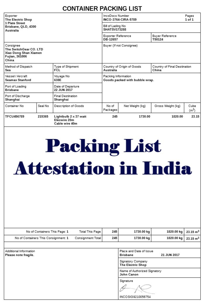 Packing List Attestation from Montenegro Embassy in India